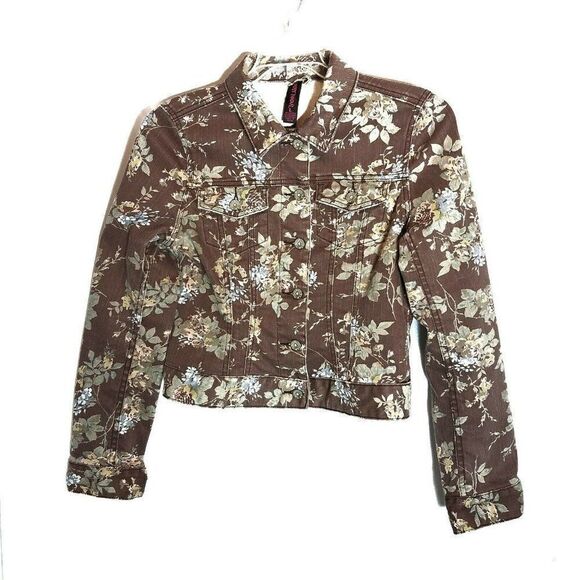 Almost Famous Brown Denim Floral Distressed Jean Jacket Girls Large - Picture 1 of 6